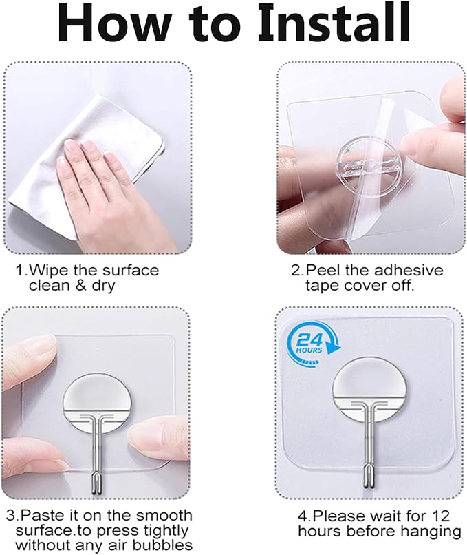 JINSHUNFA Adhesive Wall Hooks No Drill Clear Heavy Duty,13LB Sticky 8 Pack | Waterproof Transparent Sticky Hooks for Hanging,13lbs Max Load No Damage,Ideal for Towel,Coat,Bathroom,Kitchen,Home