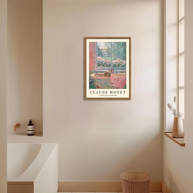 Cute Golden Retriever Bathroom Wall Art Vintage Claude Monet Dog in Bathtub Wall Decor Painting Funny Animal Bathroom Canvas Prints Picture 12x16 inch Wood Framed