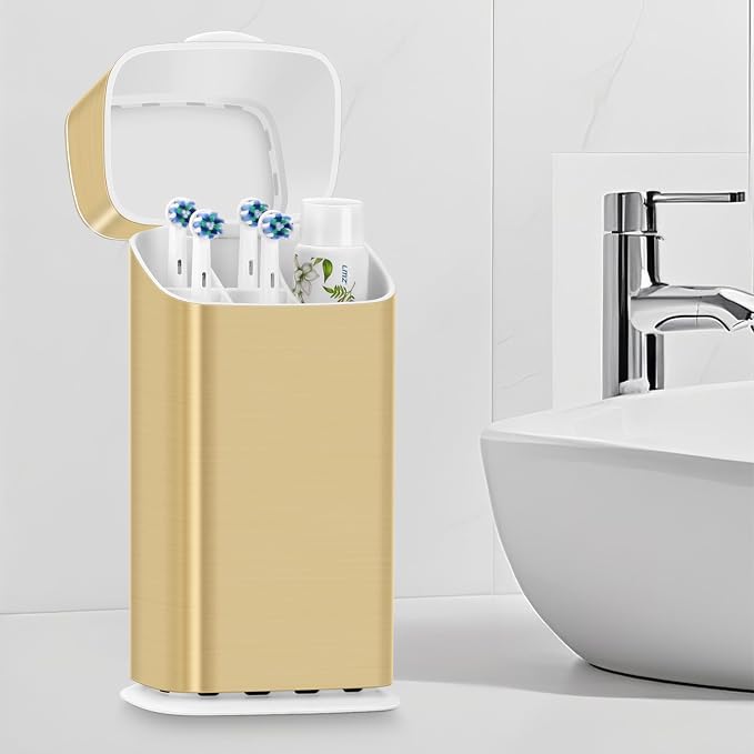 GFWARE Gold Electric Toothbrush Holder with Cover, Ventilated & Drainage | Detachable 5 Slots Bathroom Organizer for Toothbrush & Toothpaste, Waterproof & Dustproof, Electric Toothbrushes Under 10 In