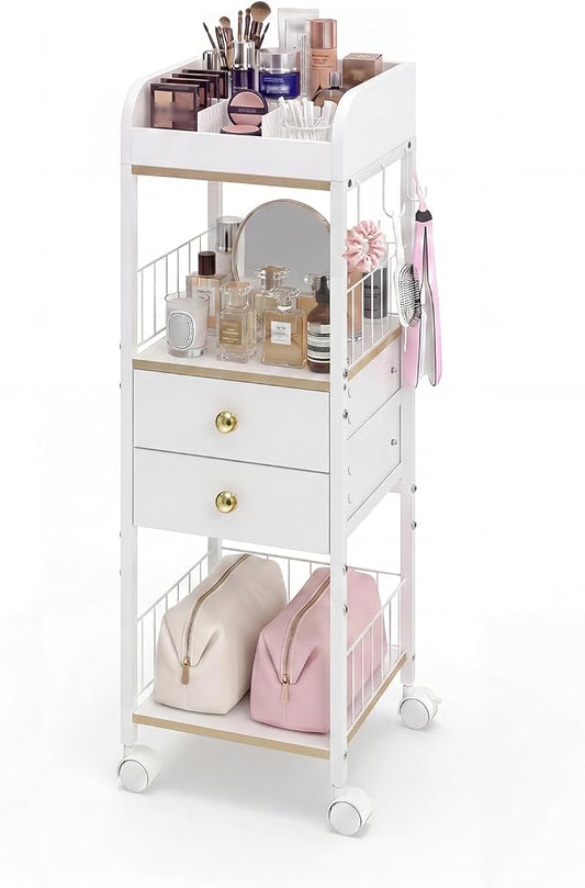 Makeup Organizer Cart, Rolling Floor Skincare Organizer and Storage with 2 Wooden Drawers, Cosmetics Display Cases Holder for Skin Care Perfume Hair Tools Nail Polish（White & Gold）