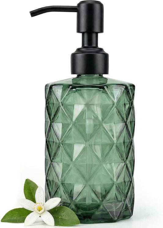 JASAI Forest Green Glass Soap Dispenser with Black Rustproof Pump | Refillable Small Soap Dispenser for Kitchen and Bathroom.