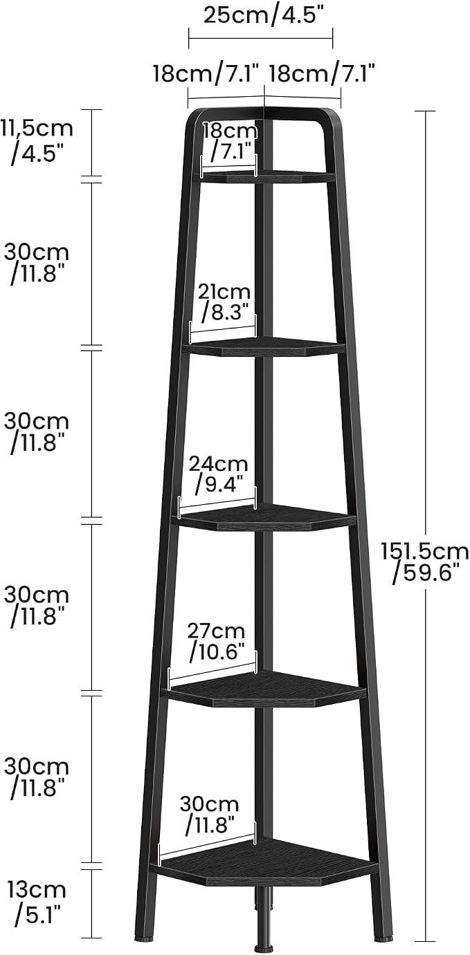 Corner Shelf, 5-Tier Ladder Corner Shelf, Ladder Bookshelf, 59.6" Tall Vertical Display Stand, Metal Frame Bookshelf, for Living Room, Bedroom, Kitchen, Black TCJ20BB