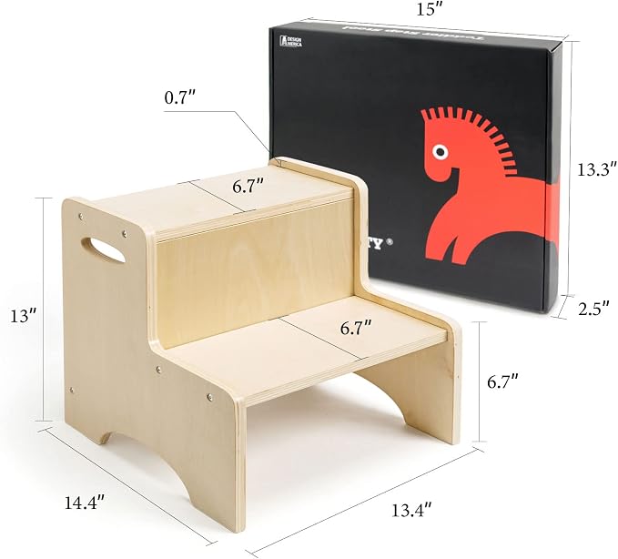 Wooden Toddler Step Stool for Kids, Bathroom Potty Stool & Kitchen Stool, Natural Two Step Stool for Bedroom, Children's Stool with Handles and Safety Non-Slip Pads