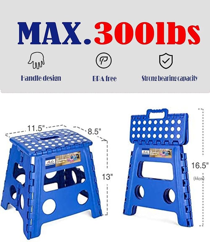 ACKO 13 Inch Folding Step Stool, Holds 300 lb for Adults and Kids, Blue | Collapsible Foldable Stools, Non-Slip Surface Heavy Duty Foot Stepping stool for Kitchen Bathroom Outdoor, Built-in Handle