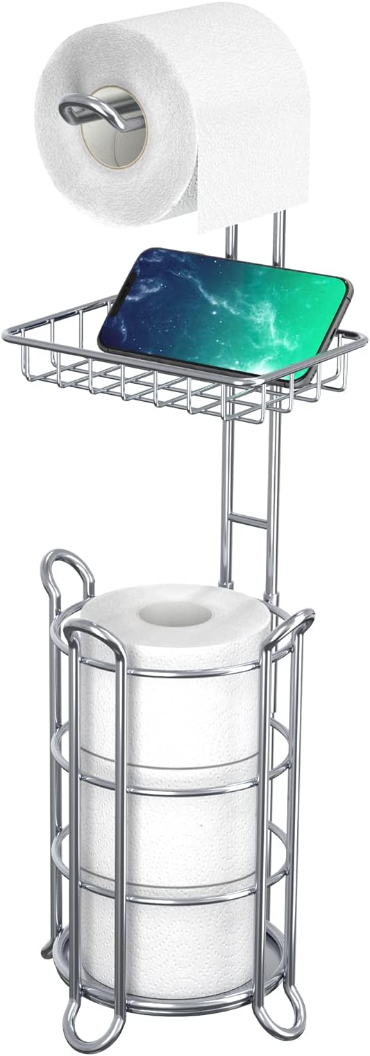 Chrome Toilet Paper Holder Stand Tissue Holder for Bathroom with Shelf Storage Holds 4 Mega Rolls Phone and Wipes