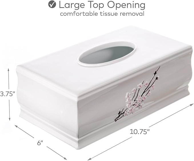 Creative Scents Vanda Rectangle Tissue Box Cover with Bottom Slider | White Tissue Box Holder Rectangular Cherry Blossom Design White Bathroom Accessories Decor
