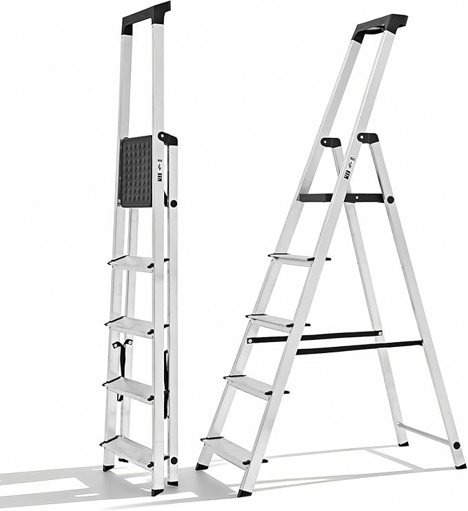 Sweetcrispy 5 Step Ladder, 330lbs Folding Step Stool with Anti-Slip Pedal | Safety Household Aluminum Stool Ladders with Tool Tray, for Home Kitchen Courtyard Outdoor