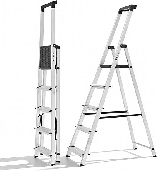 Sweetcrispy 5 Step Ladder, 330lbs Folding Step Stool with Anti-Slip Pedal | Safety Household Aluminum Stool Ladders with Tool Tray, for Home Kitchen Courtyard Outdoor
