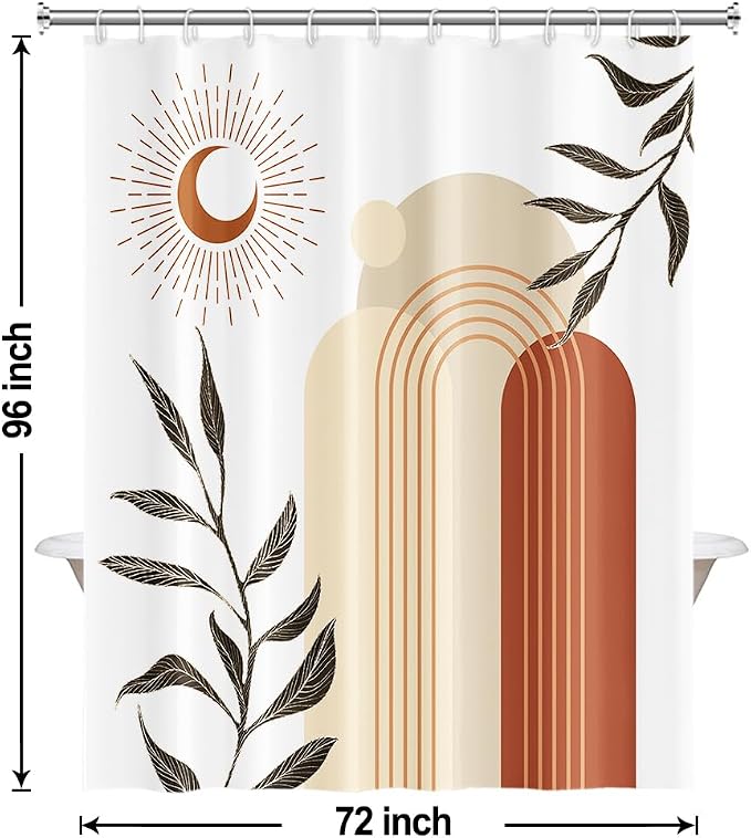 Boho Moon Shower Curtain with Hooks for Bathroom 72x96 Inch | Waterproof Abstract Terracotta and Beige Shower Curtain Set, Mid Century Bathroom Decor