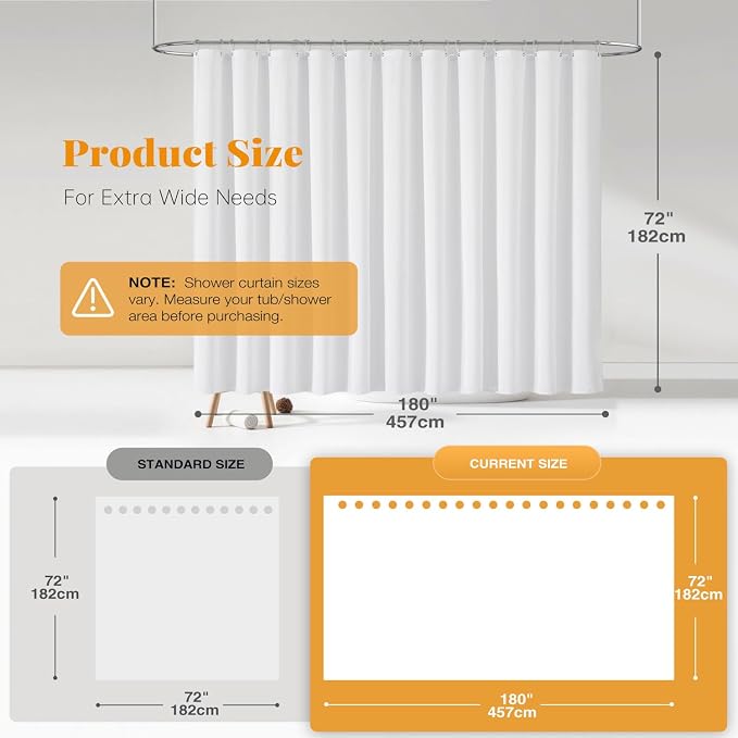 180x72 Linen Textured Waterproof Thick Fabric Shower Curtain, White | Clawfoot Tub Size, 230GSM Polyester, Heavy Duty Cloth, Weighted Hem, 32 Plastic Hooks, Modern Hotel Style, Machine Washable
