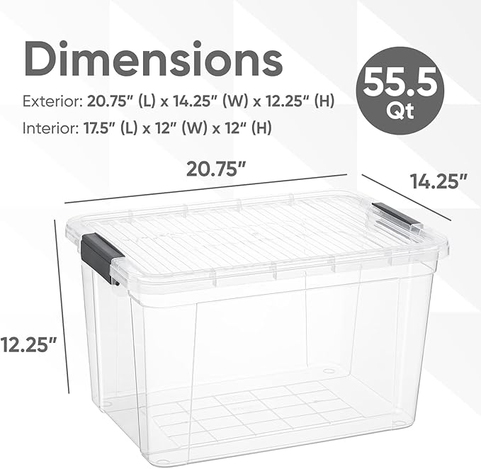 Superio Clear Storage Box with Lid, 49 Quart Plastic Container Bins for Organizing, Stackable Crates, BPA Free, Non Toxic, Odor Free, Organizers for Home, Office, School, and Dorm