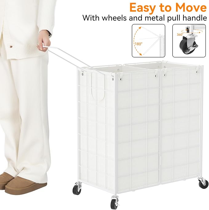 WOWLIVE Double Laundry Hamper with Wheels, Metal Rolling Laundry Basket | Wire Frame Hamper with 2 Removable Bags, 120L Dirty Clothes Hamper Organizer Dorm Room Storage for Bedroom, White