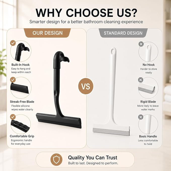 Shower Squeegee for Glass Doors, 10-Inch Silicone, Fishtail Hook, Black | One-Piece Silicone Squeegee for Shower Glass, Fishtail Hook, Non-Slip Grip, Quiet Glide; Tile, Mirrors, Windows & Car Glass
