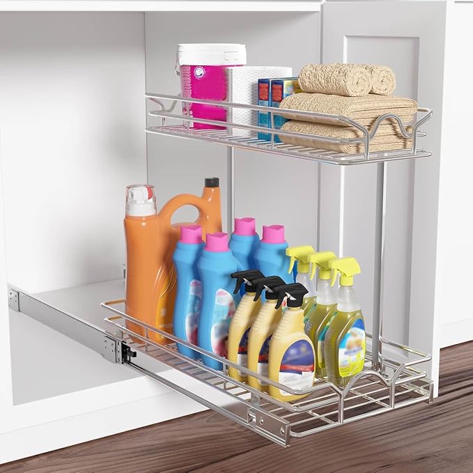 OCG Under Sink Cabinet Organizer Two Tier Pull Out Shelf (14.75W x 17D), Under Sink Sliding Shelf for Kitchen Bathroom Cabinet 2 Tier Chrome
