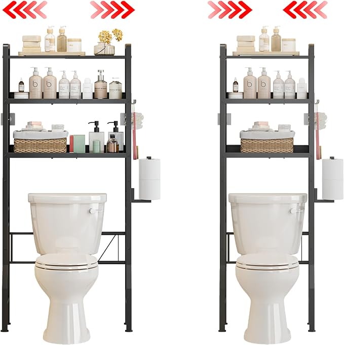 Over the Toilet Storage Shelf 3-Tier Adjustable Bathroom Organizers and Storage Shelves Bathroom Rack Above Toilet Storage with Paper Holder and 4 Hooks Space Saver Storage for Laundry