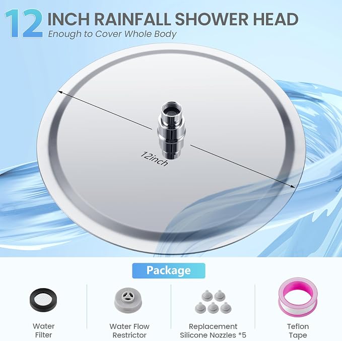 12 inch Ceiling Rainfall Shower Head Chrome - All Metal Stainless Steel Full Body Round Rain Shower with 120 Silicone Nozzles Modern Bathroom