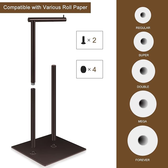 OYEAL Metal Toilet Paper Holder Stand Freestanding TP Holder with Storage | Floor Standing Toilet Paper Roll Dispenser for Bathroom Storage Holds Reserve Mega Rolls, Brown
