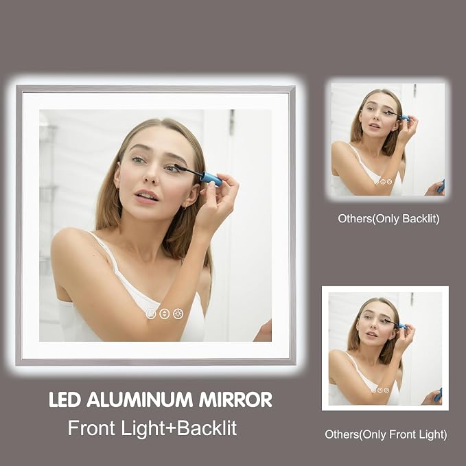 40x32 Inch LED Bathroom Mirror with Silver Frame | Silver Metal Frame, Front and Backlit, 3 Colors, Dimmable, Memory, Anti Fog, Tempered Glass, Lighted Mirror for Wall