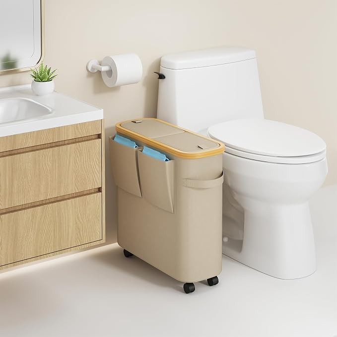 Toilet Paper Storage Basket with Lid, Bathroom Toilet Paper Holder, Khaki | Bathroom Toilet Paper Organizer for 9-12 Rolls Large Capacity, Foldable Fabric Bamboo Toilet Paper Container with Pockets