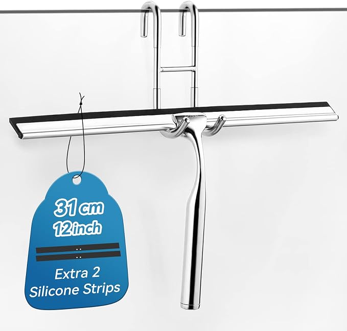 ecooe Shower Squeegee for Glass Doors,12" Large Shower Glass Cleaner | Silicone Blade with Stainless Steel Core, Streak-Free Wiper with Hanger for Bathroom, Kitchen, Car Windows & Mirrors, Siliver