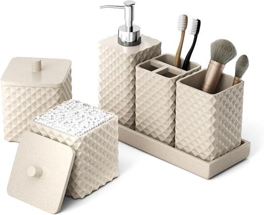 Bathroom Accessories Set Resin 6PCS, Square Toothbrush Holders Set Complete with Soap Dispenser, Vanity Tray, Tumbler, Cups and Cotton Swab Jars (Beige Diamond, Resin Bath 6 PCS)