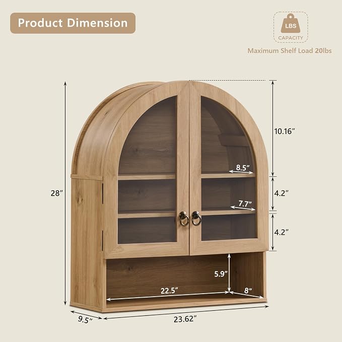 IFGET Bathroom Arched Wall Cabinet, 23.6'' Wide Medicine Cabinet with Adjustable Shelves & Glass Doors, Over The Toilet Storage Wall Mount Cabinet for Laundry Room, Kitchen & Living Room, Natural Oak