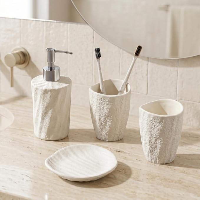 Bathroom Accessories Set, 4 PCS Modern Stone Texture, White | Minimalist, Resin, with Liquid Soap Dispenser 11.5 OZ, Tumblers, Toothbrush Holder, Bar Soap Tray, For Countertop Sink