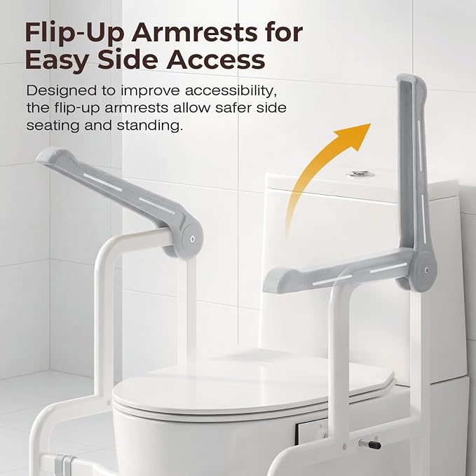 Toilet Safety Rails for Elderly & Disabled with Glow-in-the-Dark Handles, 450 lbs Heavy-Duty Frame, Flip-Up Arms, Dual Lock (Suction & Clamp), Adjustable No-Wobble Support, Grey