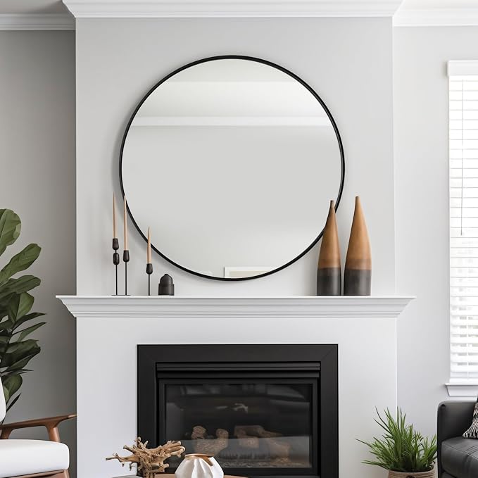 42 Inch Round Bathroom Mirrors for Over Sink | Circle Mirror with Metal Frame, Black Wall Mirror for Vanity, Entryway, Living Room, Hallway and Bedroom Decor