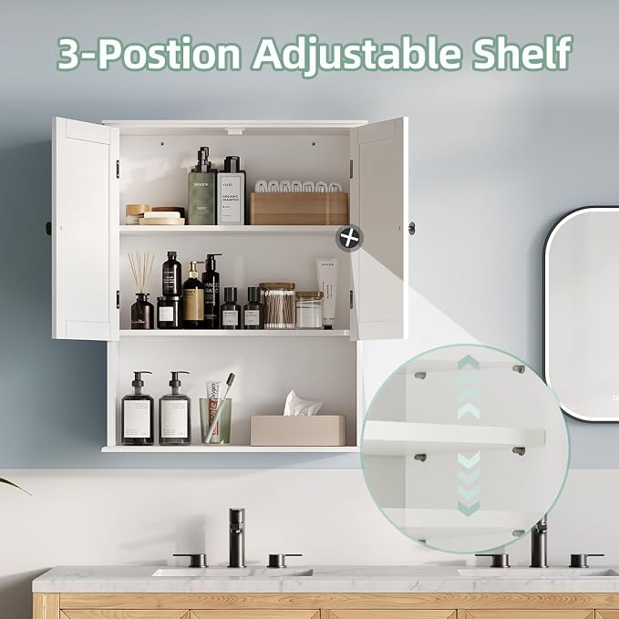 Bathroom Wall Cabinet, 30" x 24" White Painted Finish Wooden Wall Mounted Medicine Cabinet with 3 Level Adjustable Shelf, Over the Toilet Storage Cabinet, Wall Storage Cabinet for Bathroom