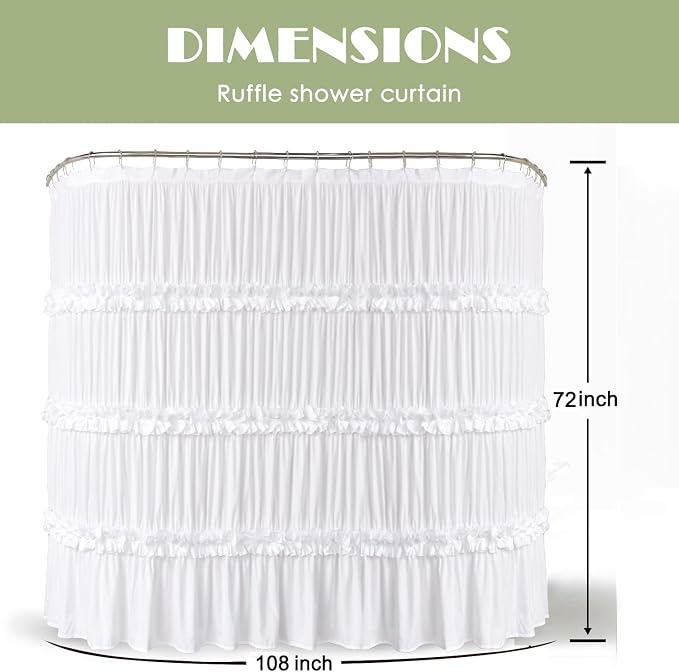 Extra Wide Shower Curtain 108"W x 72"L with 18 Buttonholes | Vintage Handcrafted Bow Tie Bath Curtain for Bathroom and Clawfoot Tub, Victorian Ruffle Bathroom Curtain, White (LQ-10)