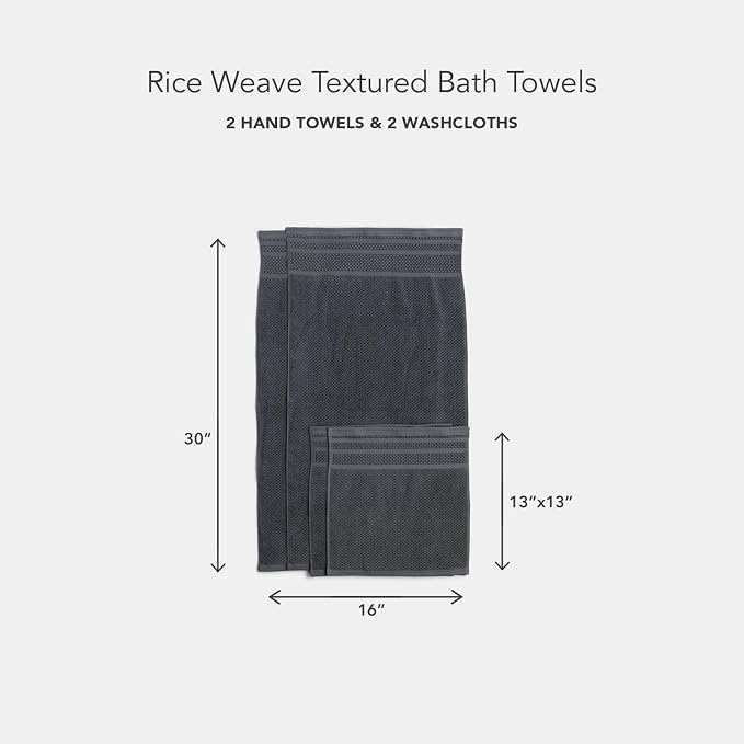 Texere 100% Organic Cotton Rice Weave Jacquard 700 GSM Luxury Bath Towel Sets - Ultra Soft and Absorbent Hotel and Spa Quality (Rice Weave, Charcoal, 2 Hand & 2 Face Towels)