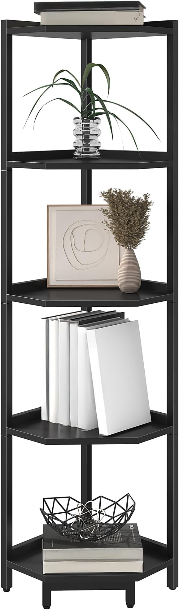 Hzuaneri Corner Shelf Stand 5-Tier Corner Bookshelf Storage Standing Shelf | Bookcase Plant Stand with Metal Frame for Living Room, Home Office, Bedroom, Black CS05906B