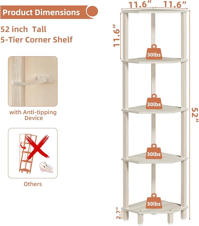 YUFAM 5-Tier Corner Shelf, Grey White | Wooden Corner Bookshelf for Small Spaces, Corner Standing Shelf with Sturdy 5-Leg Base
