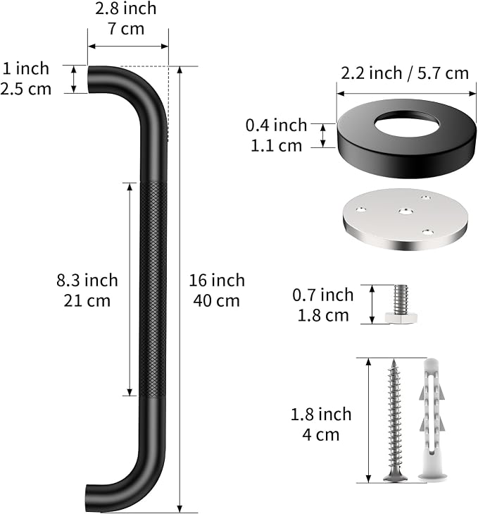 ZUEXT 16 Inch Black Knurled Anti Slip Stainless Steel Shower Grab Bar | Bathroom Balance Support Rail, Assist Handle for Handicap Injury Elderly Seniors, Wall Mount Rustproof Bath Safety Handrail
