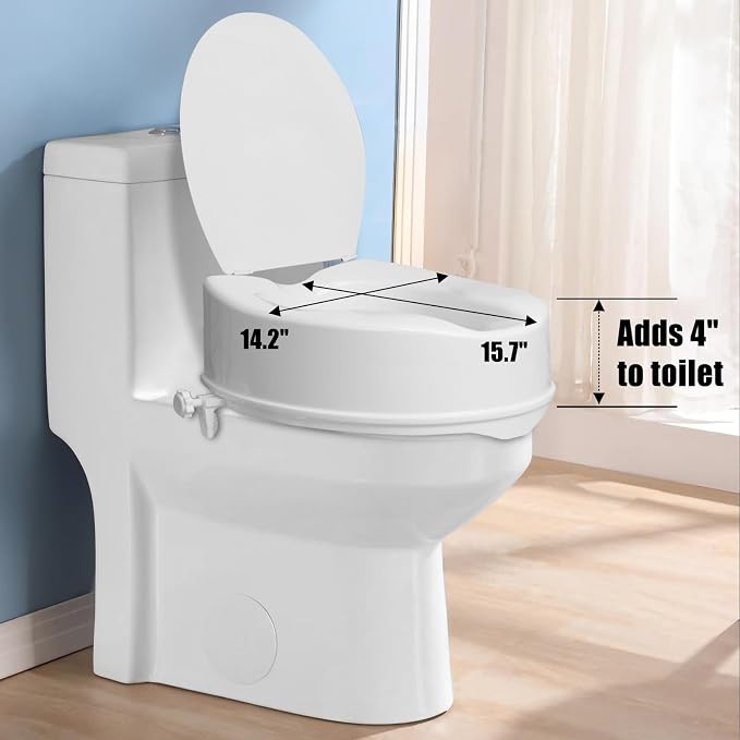 Raised Toilet Seat with Lid for Elderly, 4" High Toilet Seat for Elongated or Standard Commode, Raised Toilet Seat for Seniors, Handicap Toilet Seat Riser with Cover