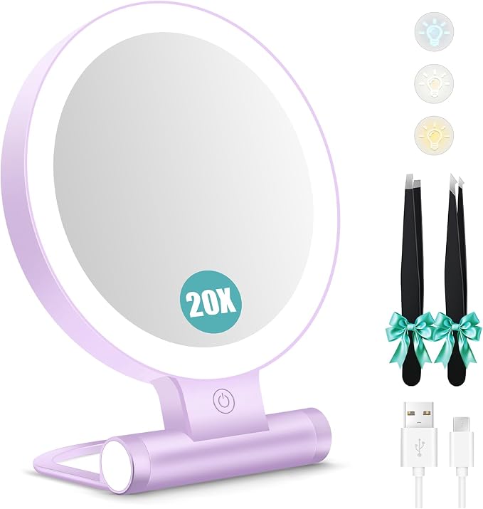 Magnifying Mirror with Light 30X, Double-Sided 1X/30X Magnifying Makeup Mirror with Tweezer, 2000mAh 3 Colour Modes with Adjustable Brightness,Foldable Travel Mirror(Purple)