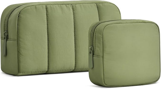 2 Pcs Makeup Bag Travel Toiletry Bag for Women Puffy Padded Cosmetic Pouch Purse Wide-open Makeup Organizer Case Travel Essentials