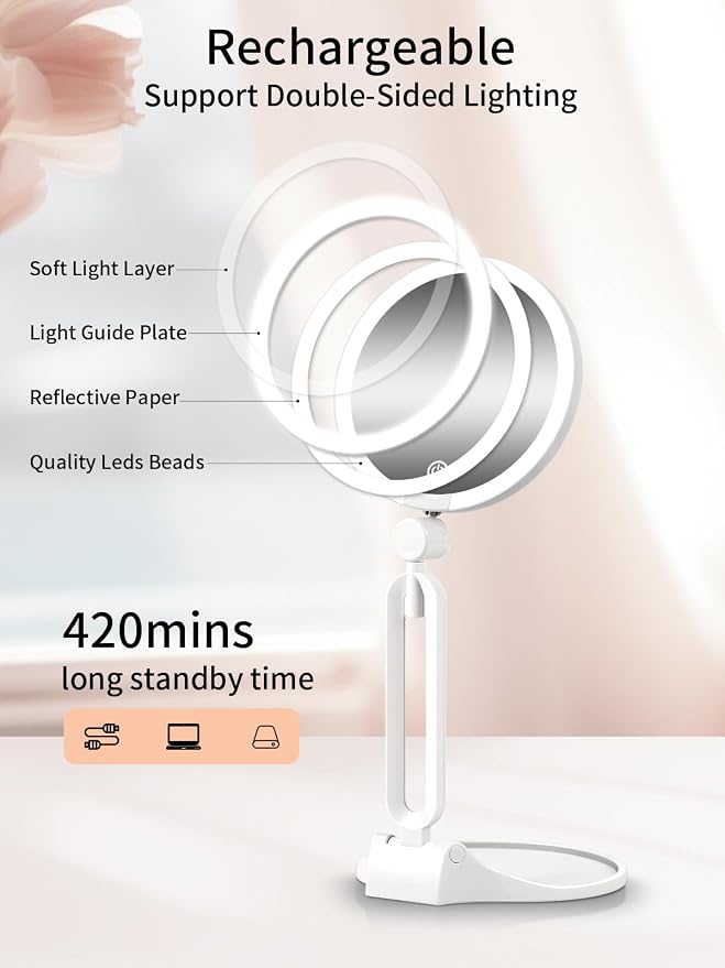 Travel Magnifying Makeup Mirror with Lights, Dual Sided 1X/30X Lighted Magnified Mirror, Rechargeable 3 Colors Dimming Lighting, Large Size of 6inch, Foldable Design, 360°Angle Adjustable