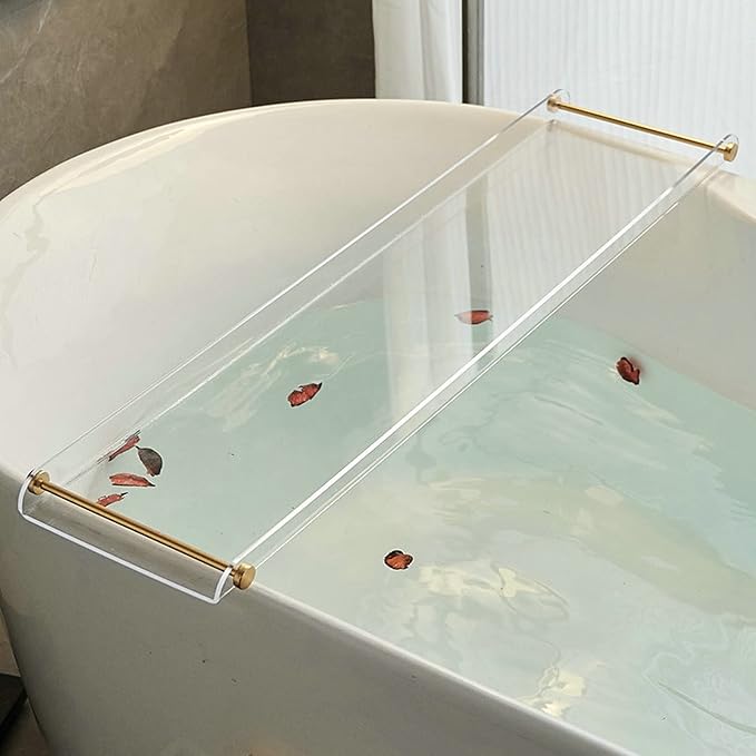 Acrylic Bathtub Tray Caddy, Clear Bath Shelf Tub Rack with Golden Handle | Luxury Bathroom Organizer Tablet Holder for Soap Perfume Skincare, Bath Accessory, Easy to Clean