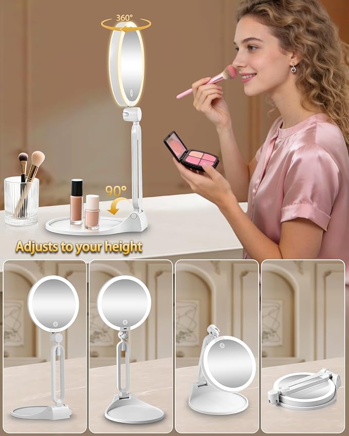 10X/1X Makeup Magnifying Mirror with Lights, 6inch Double-Sided LED Mirror | 360° Rotation Folding Bracket, 3 Color Dimmable Lights, Rechargeable 1500mAh Battery, Desktop 1X/10X Travel Magnifying Mirror