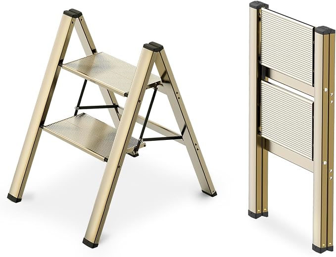 2 Step Foldable Step Stool, 300lbs Load, Gold | Folded 27''H x 2''T; Net 6.6 lbs; Non-Slip Feet: Wood/Tile/Carpet; Rigid Aluminum Steps; No Assembly; Ready From Box.