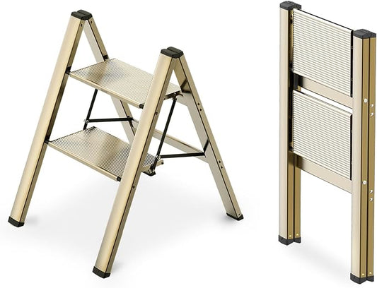 2 Step Foldable Step Stool, 300lbs Load, Gold | Folded 27''H x 2''T; Net 6.6 lbs; Non-Slip Feet: Wood/Tile/Carpet; Rigid Aluminum Steps; No Assembly; Ready From Box.