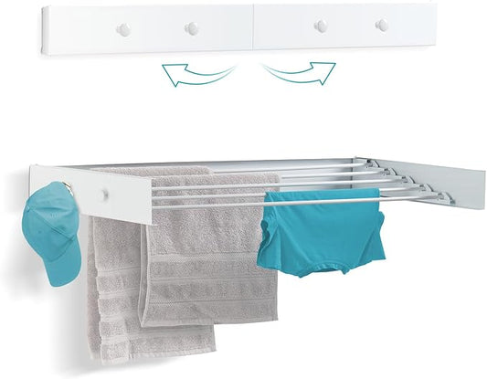 Ivation Retractable Wall Mounted Clothes Drying Rack, 40" Foldable Laundry Drying Rack for Clothing | Collapsible Space-Saving Design & 5 Rods | Easy Installation with Hardware & Wall Template (White)