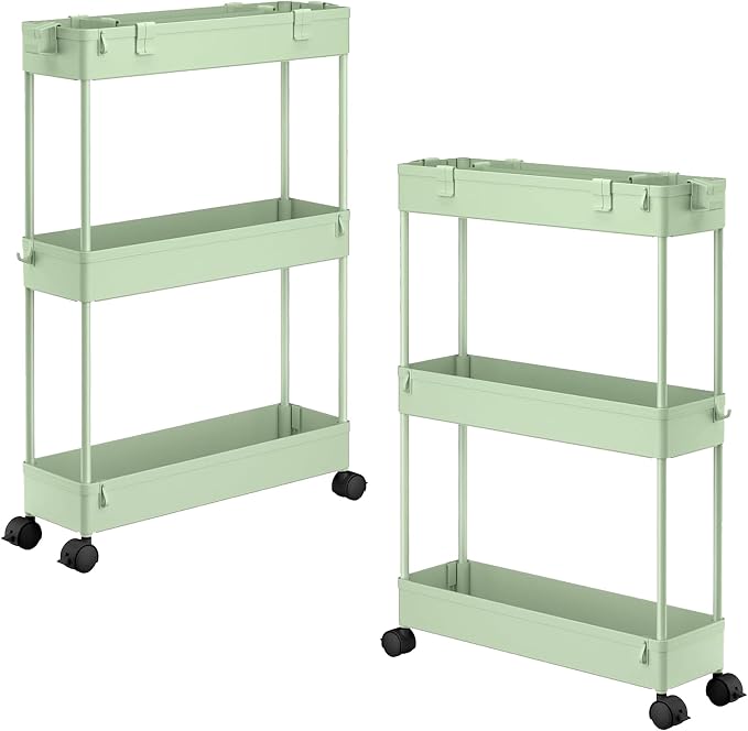 2-piece Set Slim Storage Cart 3 Tier,Bathroom Organizer Rolling Utility,Mobile Shelving Unit Slide Out for Office, Kitchen, Laundry Room & Narrow Places