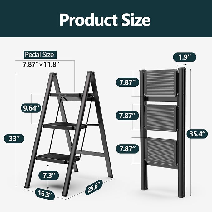 3 Step Foldable Step Stool, 330lbs Load, Black | Folded 36'' H x 2'' T; Net 9.9 lbs; Anti-Slip Feet Grip Wood, Tile, Carpet; Wide Pedals; For Kitchens, Closets.