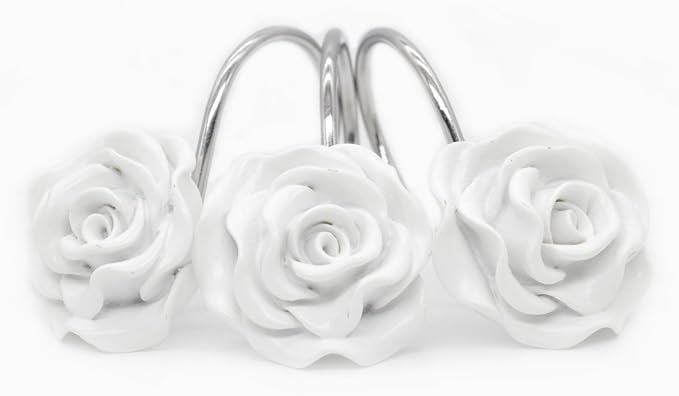 BEAVO Shower Curtain Hooks, Home Decorative Rustproof Shower Curtain Hooks Resin Rose Flower Shower Hooks Rings for Bathroom Shower Rods Curtains,Set of 12 Hooks (White) | White Flower Shower Curtain Ring - Stainless Steel Shower Ring Hook with Resin F...