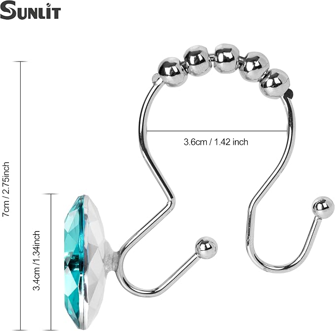 Sunlit Luxury Design Round Teal Blue Diamond Crystal Gem Bling with Glide Balls Double Shower Curtain Hooks for Mermaid Shower Curtains, Rust Proof Metal Rhinestones Glam Shower Curtain Rings-12 Pack