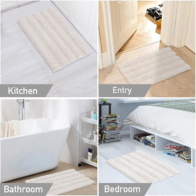 Turquoize Chenille Bathroom Rugs Set Non-Slip Bath Mats for Bathroom Super Absorbent Shaggy Rugs for Tub Shower Toilet Plush Bath Rug Plus U Contour Rug (Oversized: 24" x 36" and 20" x 24" U), Ivory