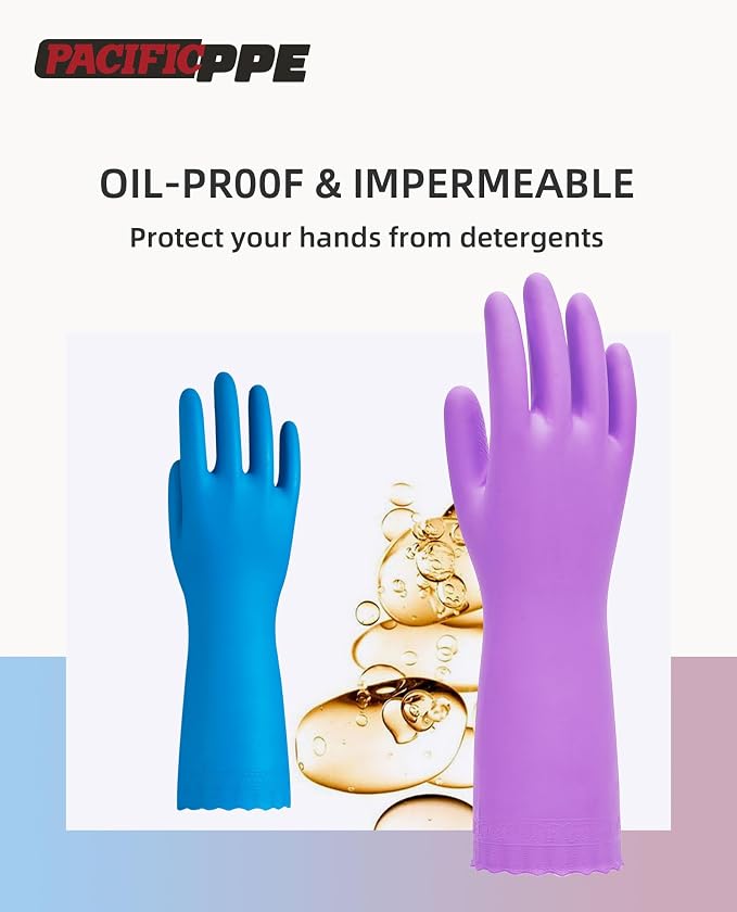 2 Pairs Cleaning Gloves, Cotton Liner, Purple+Blue, Small | Waterproof dishwashing gloves with non-slip grip, Latex-Free, flexible fit for kitchen, bathroom, laundry & cleaning